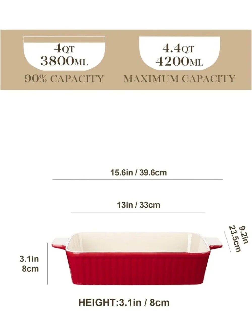 Large 9x13 Ceramic Baking Dish, 4.4 QT Casserole Pan with Handles, Oven